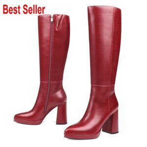 Faux Leather Knee High Boots with Chunky Block Heel and Pointed Toe